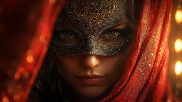 actor wearing ornate Venetian mask peeks through heavy red curtains surrounded soft theater lighting enhances aura of mystery and anticipation deepening theatrical atmosphere photo