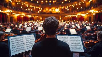 In atmospheric setting violinist tunes their instrument in orchestra pit illuminated single warm light. Scattered sheet music lays around as stage awaits symphony photo