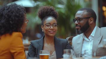 Three close friends engage in heartfelt conversation wooden table in stylish cafe exchanging smiles and gentle touches creating warm and inviting atmosphere photo