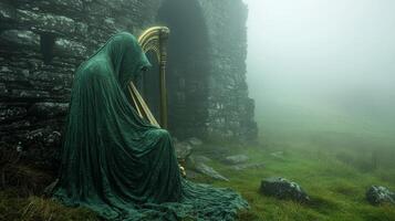 Dressed in flowing green cloak harpist plays golden harp amid ruins of ancient Irish castle. Mist wraps around stone walls enhancing magical atmosphere of history and music photo
