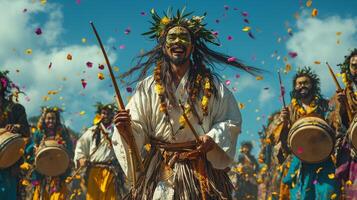 lively parade unfolds in colorful meadow as joyful spirits of spring don leafy costumes and flower masks while drumming and playing flutes. Petals dance in breeze photo
