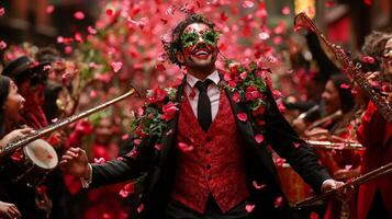 People dressed as spirits of spring parade through lively meadow adorned in leafy outfits and flower masks. Drums and flutes create joyful music as petals dance in wind photo