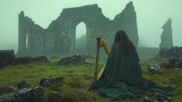 Surrounded ethereal beauty of misty ruins Celtic harpist in flowing green cloak plays golden harp creating haunting music echoes rich folklore of Ireland photo