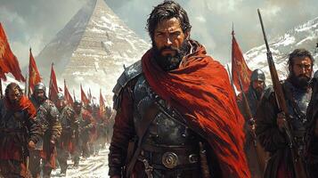 Hernan Cortes stands resolutely forefront leading his disciplined troops into Tenochtitlan. His crimson cape flows behind him as they march imposing Aztec pyramids photo