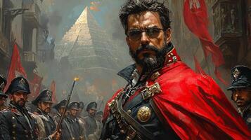 Hernan Cortes stands fearlessly forefront clad in crimson cape. His disciplined troops follow him into Tenochtitlan Aztec pyramids looming in background photo