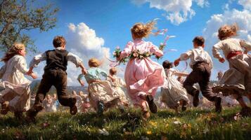 Children run playfully through vibrant meadow adorned in light colored clothing photo