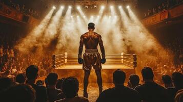 boxer stands in spotlight preparing for match ahead. audience is captivated surrounded smoke in dramatic setting. Excitement fills air as event unfolds photo