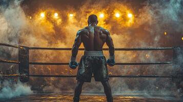 captivating spotlights and veil of smoke athlete stands ready in boxing ring. atmosphere is charged excitement as spectators eagerly await match photo