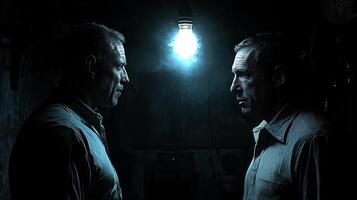 Two actors stand closely together backstage whispering lines in low voices before taking stage. Their serious expressions contrast distant laughter surrounding them photo
