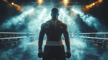 Moments before boxing match athlete prepares in electrifying atmosphere surrounded smoke and spotlights focusing on ring in distance photo