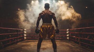 low lighting boxing ring is illuminated spotlights while smoke fills air highlighting focus and tension in audience as fight is about begin photo