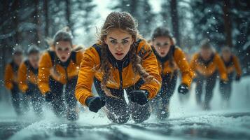 Short track speed skaters lean into sharp turn their fingertips grazing ice for balance. Focused and determined they push through curve as ice shavings fly around them photo