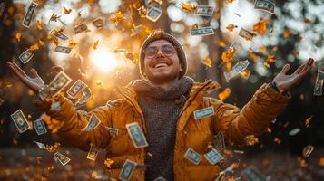 joyful man stands open arms in autumn park as golden leaves and banknotes cascade around him illuminated warm sunlight photo