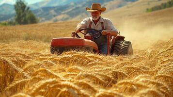 rugged middle aged farmer steers red tractor across vast golden wheat field showcasing dedication agriculture. Dust swirls in air as rolling hills stretch into distance photo