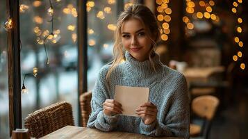 In charming cafe smiling woman joyfully reveals fortune cookie message predicting positive life change. Soft bokeh lights enhance enchanting atmosphere photo