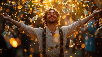 In vibrant autumn park joyful man opens his arms wide surrounded golden leaves and falling banknotes. Sunlight filters through trees casting warm glow of prosperity photo