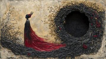 Persephone emerges from underworld in flowing black and crimson robes crowned pomegranate seeds as she brings spring's light. Hades observes from below marking seasonal transformation photo