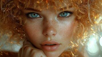 Captivating curly blonde haired girl mesmerizing blue eyes looks directly camera. Soft golden curls frame her face against warm blurred background photo