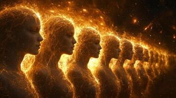 Vast cosmic web formed glowing threads connects human faces symbolizing shared thoughts and emotions against celestial backdrop filled galaxies and energy photo