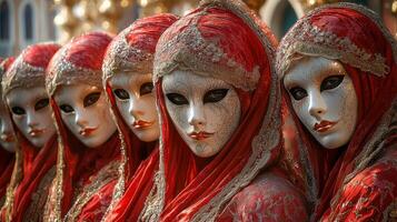 Masked figures dressed in opulent baroque silks and lace glide gracefully beneath golden chandeliers photo