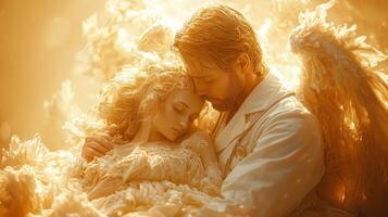 In warm golden glow compassionate doctor in white coat carries tired sleeping angel tattered wings. powerful image represents selflessness and emotional demands of healers photo