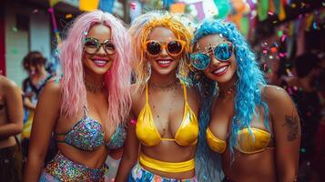 vibrant gathering Pride parade showcases polyamorous trio holding hands laughing and adorned in colorful outfits surrounded flags and confetti radiating happiness photo
