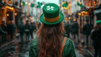 Crowds fill streets adorned Irish flags dressed in green outfits and leprechaun hats celebrating St Patricks Day while enjoying pints of beer and traditional music photo