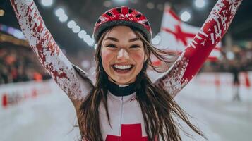 In captivating moment speed skater crosses finish line arms raised triumphantly photo