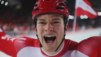 In thrilling moment speed skater crosses finish line arms lifted in victory showcasing expression of exhaustion and joy. waving national flag enhances celebratory atmosphere photo