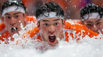 Skaters collide in dramatic encounter on short track as their expressions show shock and determination. Scattered ice adds excitement of moment photo