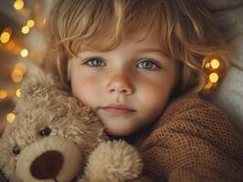 child joyfully hugs soft plush toy after unwrapping it eyes sparkling wonder. Golden festive lights twinkle in warm atmosphere of Eid al Fitr gathering photo