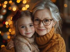 grandmother lovingly holds her granddaughter's face while both share warm smiles. backdrop is softly illuminated festive decorations symbolizing family bonds during celebrations photo