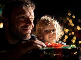 father assists his son in unwrapping small gift their faces glowing excitement. loving mother smiles in background creating warm family atmosphere during special celebration photo