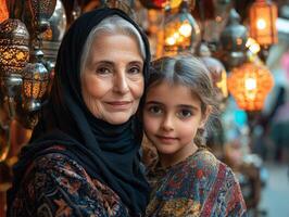 grandmother and granddaughter share joyful moment warm smiles. background features soft Ramadan decorations and glowing lanterns creating festive atmosphere photo