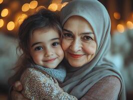 grandmother and granddaughter share joyful embrace both smiling in celebration. background features soft lighting and beautiful decorations highlighting festive spirit of Ramadan photo