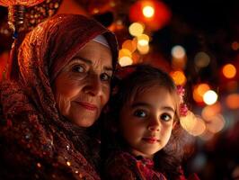 grandmother and granddaughter smile joyfully while embracing surrounded softly blurred Ramadan decorations and glowing lanterns celebrating warmth of family traditions during Eid al Fitr photo