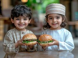 Two Muslim children joyfully exchange sandwiches in warm inviting space illustrating spirit of generosity and unity during Eid al Fitr festivities photo