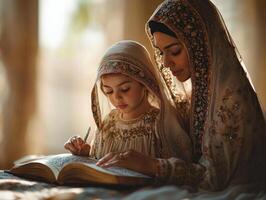 Muslim mother lovingly teaches her daughter recite from Quran tracing Arabic letters together in soft natural light creating serene and warm atmosphere during festive moment photo