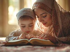 Muslim mother guides her daughter in reciting from Quran their fingers gently tracing Arabic script soft warm natural light highlighting their bond and faith photo