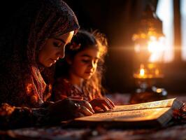 Muslim mother patiently guides her daughter as they recite from Quran tracing Arabic script their fingers. warm light creates serene and intimate atmosphere photo
