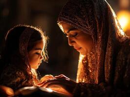 Muslim mother lovingly teaches her daughter recite from Quran tracing Arabic script together. Soft natural light enhances warmth of intimate moment photo