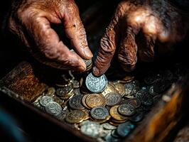 Hands carefully drop coins into sadaqah box illuminated soft golden light highlighting textures of wooden box and significance of giving during Eid al Fitr photo