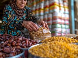 Close up of hands tying bag filled rice and dates for Ramadan food donation emphasizing community support during Eid al Fitr celebrations and family traditions photo