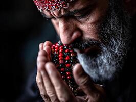 Hands hold prayer beads in moment of deep focus illuminated softly against dark background. symbolizes reflection and devotion during Eid al Fitr time for family gatherings and unity photo
