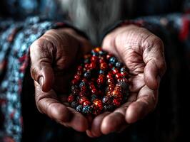 Fingers gently cradle prayer beads while individual focuses deeply in reflection embracing spirit of unity and devotion during festive Eid al Fitr celebration photo