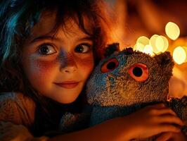 young girl beams happiness as she holds her new plush toy after unwrapping it. Her wide eyes glisten wonder illuminated warm golden fairy lights in background photo