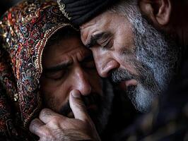 In mosque during Eid al Fitr Imam comforts grieving man placing his hand on his shoulder. He offers words of support and prayers in moment of shared compassion and unity photo