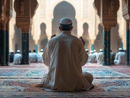 close up view shows Imam raised hands preparing begin Takbir for Maghrib prayer surrounded worshippers in mosque reflecting unity and devotion during Eid al Fitr photo