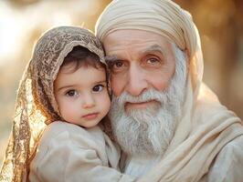 smiling elderly Muslim man holds small orphaned child close both radiating warmth and love. Soft sunlight accentuates their joyful expressions during Eid al Fitr celebration photo