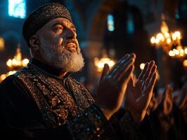 In tranquil mosque setting Imam stands before worshippers hands raised in prayer as he prepares for Takbir during sacred Eid al Fitr celebration capturing spiritual unity photo